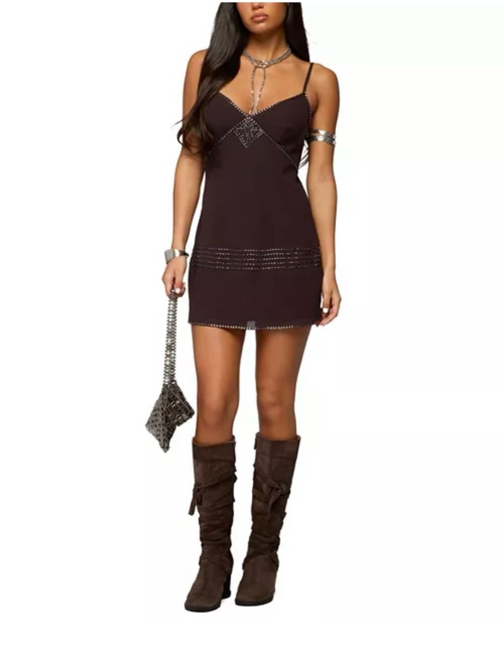 Edikted Sleeveless Brown Mini Dress with Stud Detail - Women Dresses